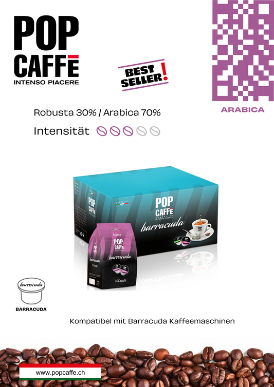 Capsule Barracuda Miscela Arabica
Kompatibel mit Barracuda-Maschinen

Die Barracuda-Kapseln wurden speziell für die Barracuda-Maschine entwickelt, das neueste Modell aus dem Hause Pop Caffè. Die Maschine arbeitet ausschliesslich mit diesen originalen Barracuda-Kapseln im Barracuda-System und bietet so ein authentisches Aromaerlebnis.
