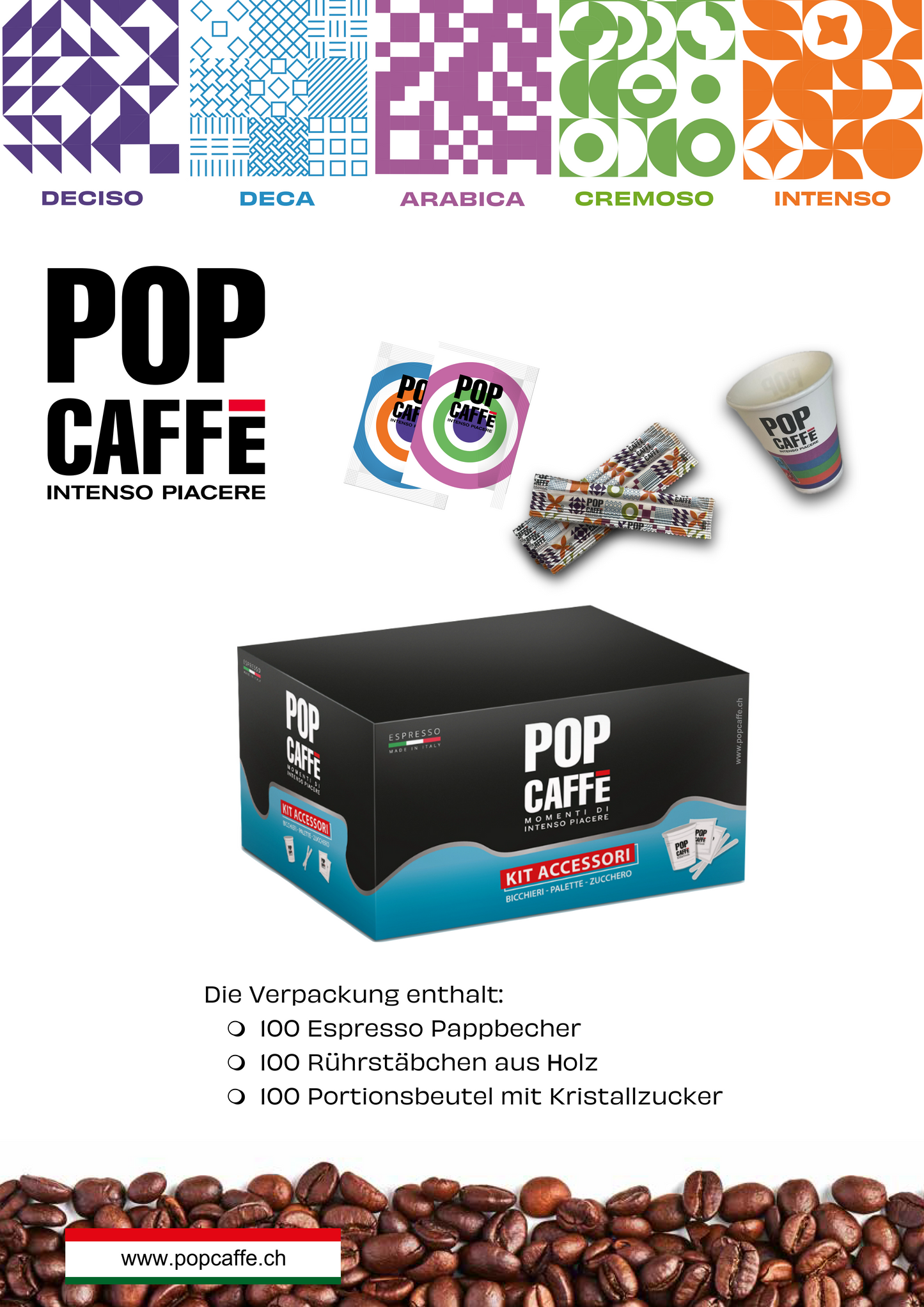 100 Espresso Pappbecher, 100 Rührstäbchen aus Holz und 100 Portionsbeutel Kristallzucker