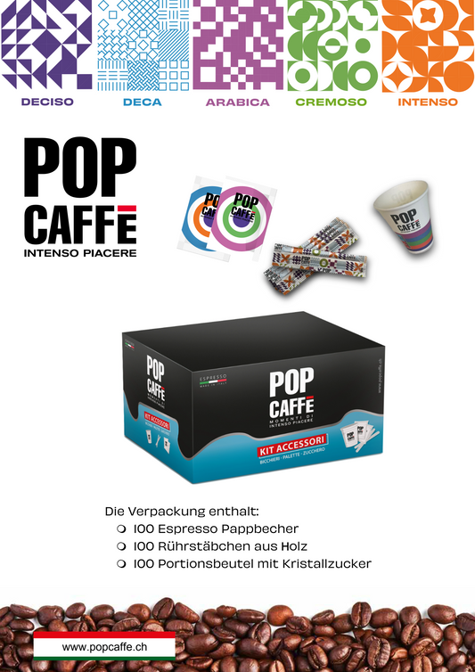 100 Espresso Pappbecher, 100 Rührstäbchen aus Holz und 100 Portionsbeutel Kristallzucker