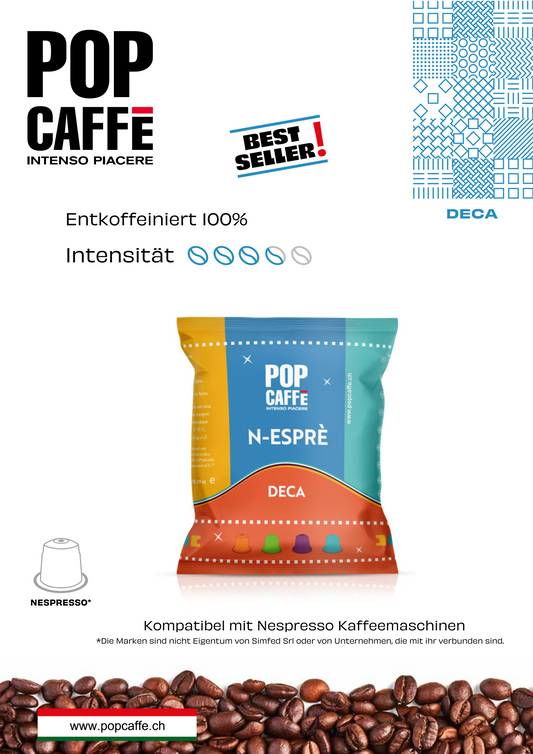 Miscela Deca kombiniert zentralamerikanische Arabica-Bohnen mit indischen Robusta-Bohnen, die durch ein natürliches Wasserverfahren entkoffeiniert wurden. Das Ergebnis ist ein Kaffee mit einem milden, würzigen Aroma. Die Kapseln sind mit Nespresso-Maschinen kompatibel und werden zur optimalen Aromaerhaltung in einer dreifach beschichteten Aluminiumverpackung unter Schutzatmosphäre versiegelt.