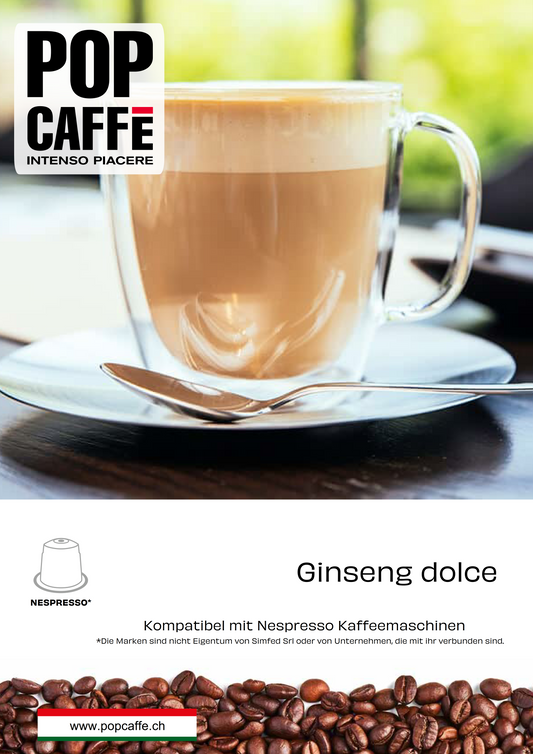 Ein Ausbruch von Energie und Süsse in der Tasse. Der ideale Genuss für eine energiegeladene Pause, aber mit einem weichen Geschmack.

Ginseng ist ein energiespendendes und stimulierendes Getränk, das die Konzentration und das Gedächtnis fördert und die Ausdauer steigert.

Ginseng-Kaffee wird durch die Zugabe von Ginsegwurzelpulver zum Kaffee hergestellt. Er enthält weniger Koffein als herkömmlicher Kaffee und hat einen süsseren Geschmack.