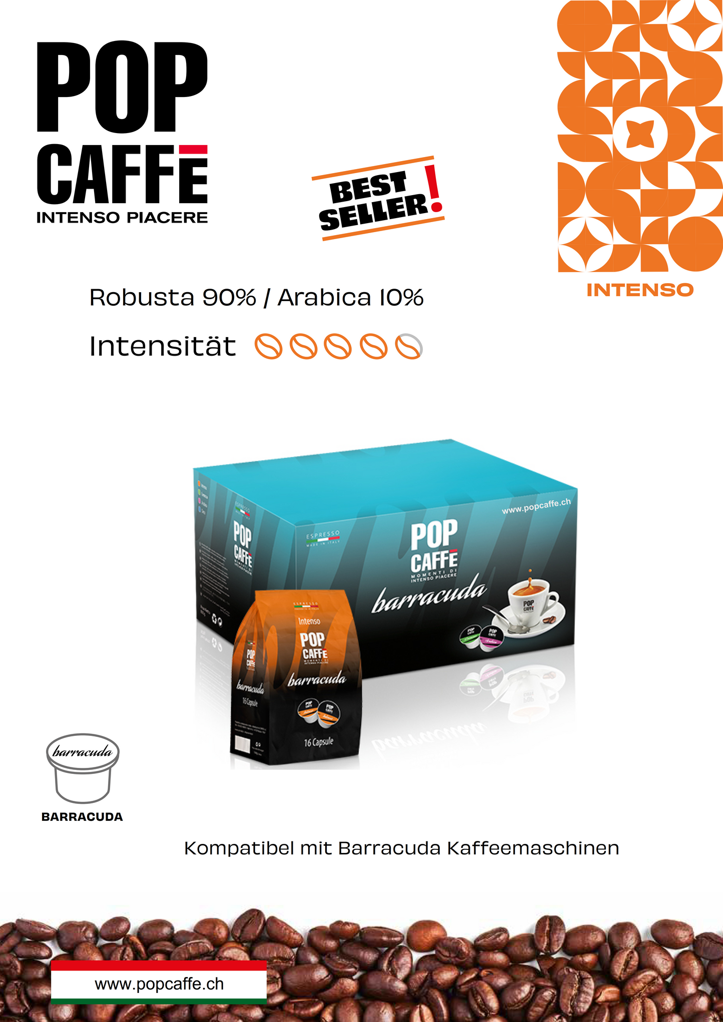 Die Barracuda-Kapseln sind speziell für die Barracuda-Maschine entwickelt, das neueste Modell aus dem Hause Pop Caffè. Die Barracuda-Maschine arbeitet ausschließlich mit diesen originalen Barracuda-Kapseln im Barracuda-System und garantiert damit ein perfektes Geschmackserlebnis.