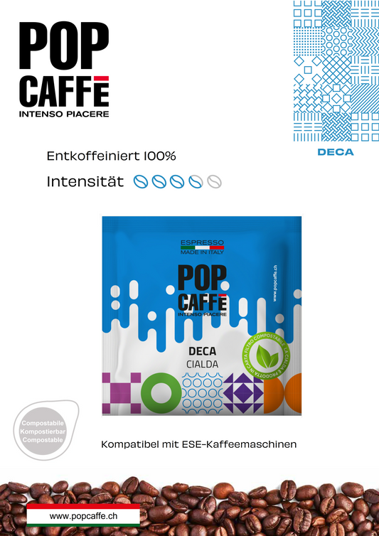 Miscela Deca vereint Arabica-Bohnen aus Mittelamerika mit indischen Robusta-Bohnen, die durch ein natürliches Wasserverfahren entkoffeiniert wurden. Das Ergebnis ist ein sanfter Kaffee mit einem süßen, würzigen Aroma. Die 44-mm-Filterpapier-Pads sind mit allen Maschinen des ESE-Systems kompatibel.